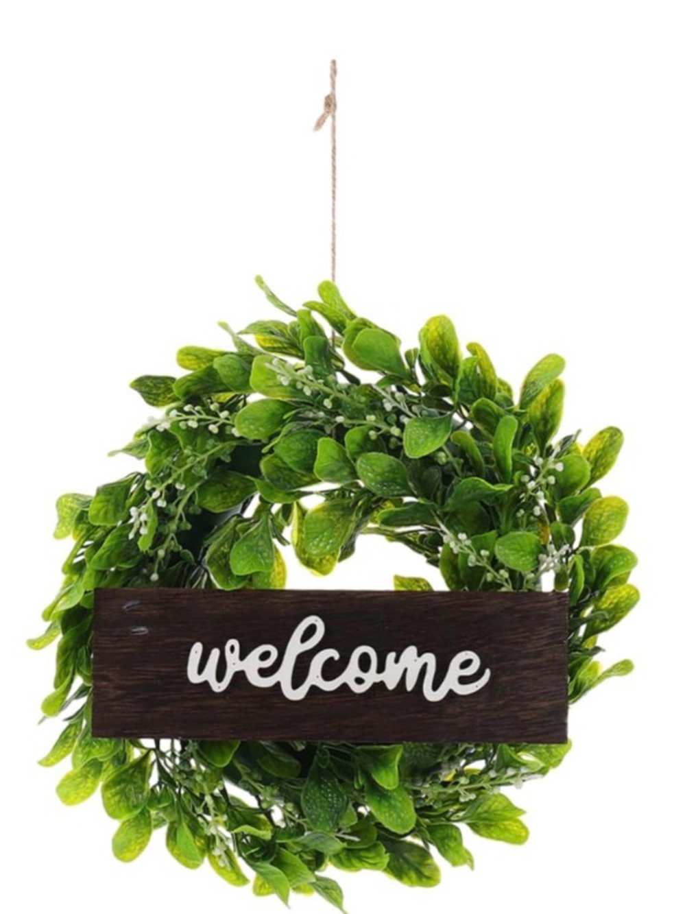 Welcome Green Boxwood Wreath Wall Hanging - 13”, New